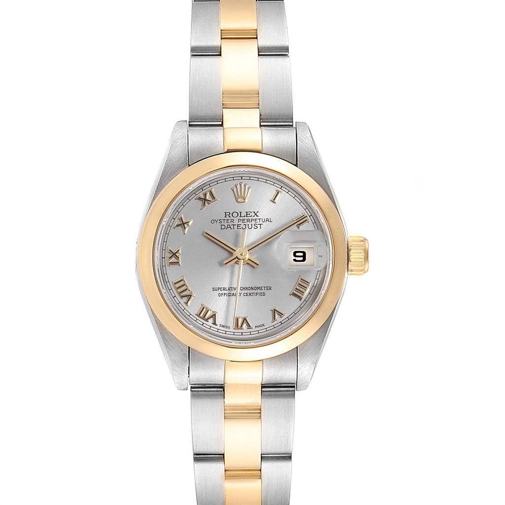 This image shows a front view of a Rolex Datejust 69163 Women's Steel and Gold (two tone) Grey Dial 69163 Women's Steel and Gold (two tone) Grey Dial watch, highlighting the dial, bezel, and bracelet.