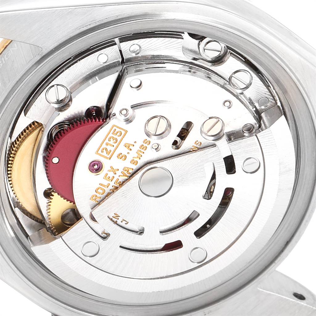 This image shows a close-up of the movement mechanism inside a Rolex Datejust 69163 Women's Steel and Gold (two tone) Grey Dial 69163 Women's Steel and Gold (two tone) Grey Dial watch.