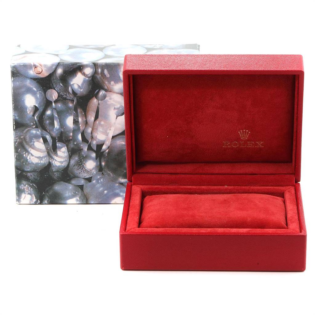 The image shows an open Rolex Datejust 69163 Women's Steel and Gold (two tone) Grey Dial 69163 Women's Steel and Gold (two tone) Grey Dial watch box with a red cushioned interior.