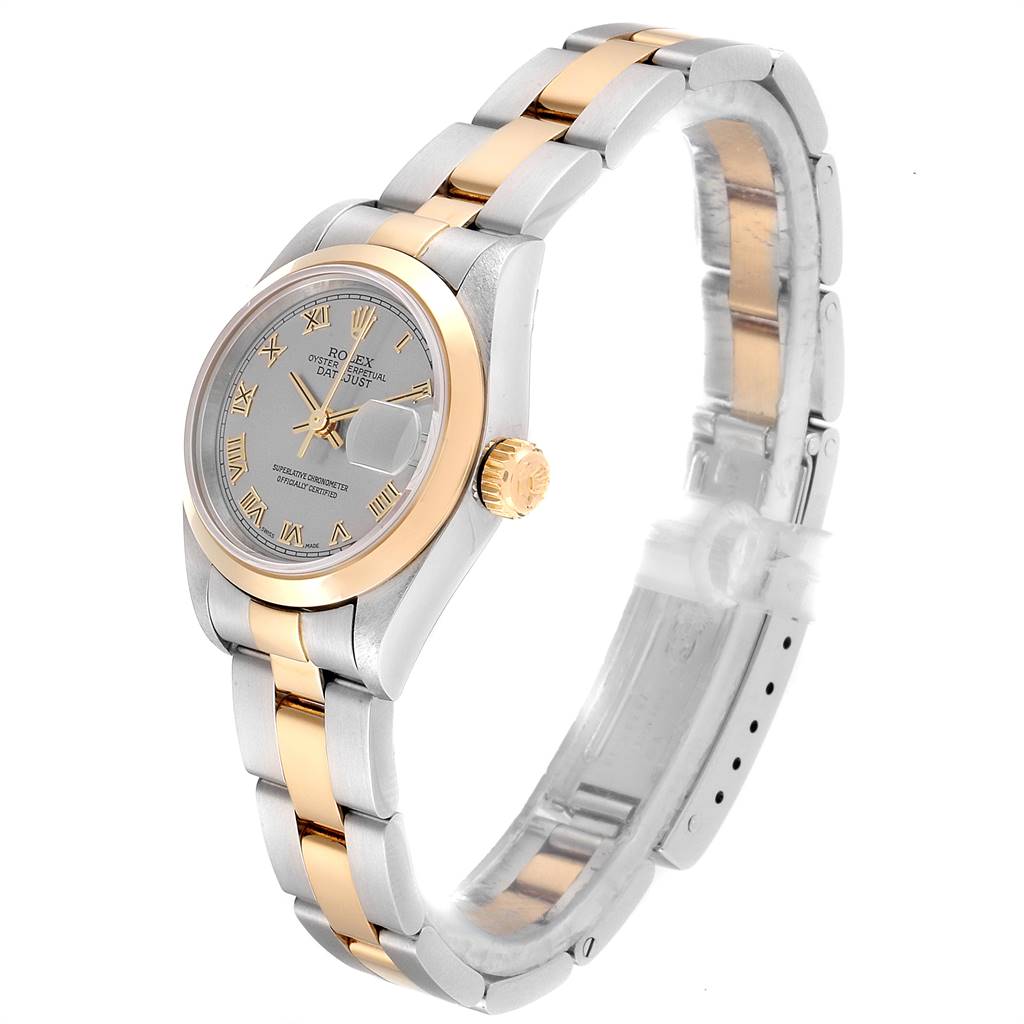 The image shows a Rolex Datejust 69163 Women's Steel and Gold (two tone) Grey Dial 69163 Women's Steel and Gold (two tone) Grey Dial watch at an angled side view, highlighting the two-tone bracelet and the face with Roman numerals.