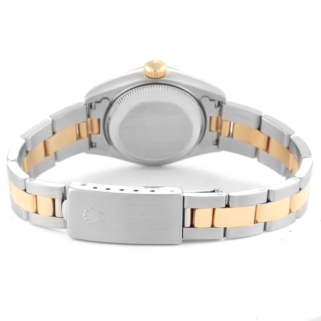 The Rolex Datejust 69163 Women's Steel and Gold (two tone) Grey Dial 69163 Women's Steel and Gold (two tone) Grey Dial watch is shown from the back, highlighting the closed clasp and bracelet.