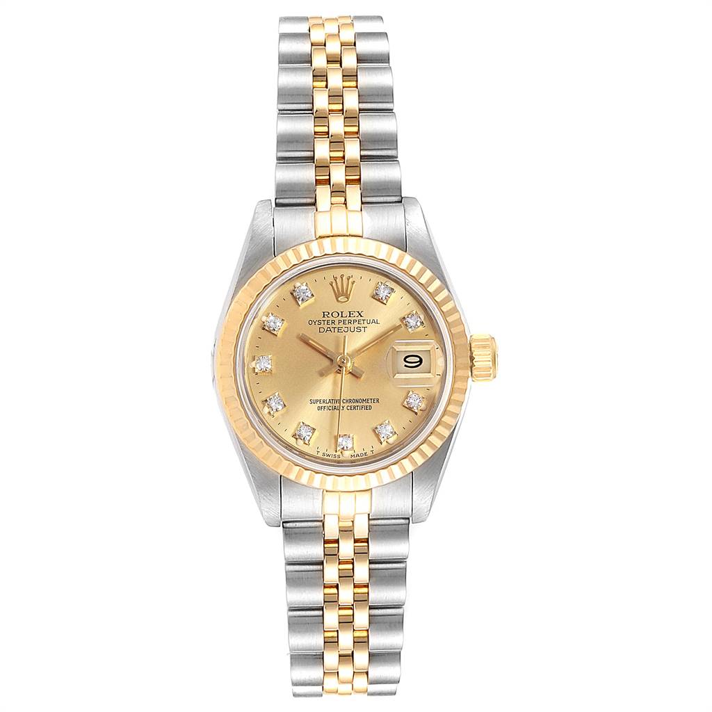 The image shows a Rolex Datejust 69173 Women's Stainless Steel Champagne Dial 69173 Women's Stainless Steel Champagne Dial watch from a front angle, highlighting its gold dial, date display, and two-tone bracelet.
