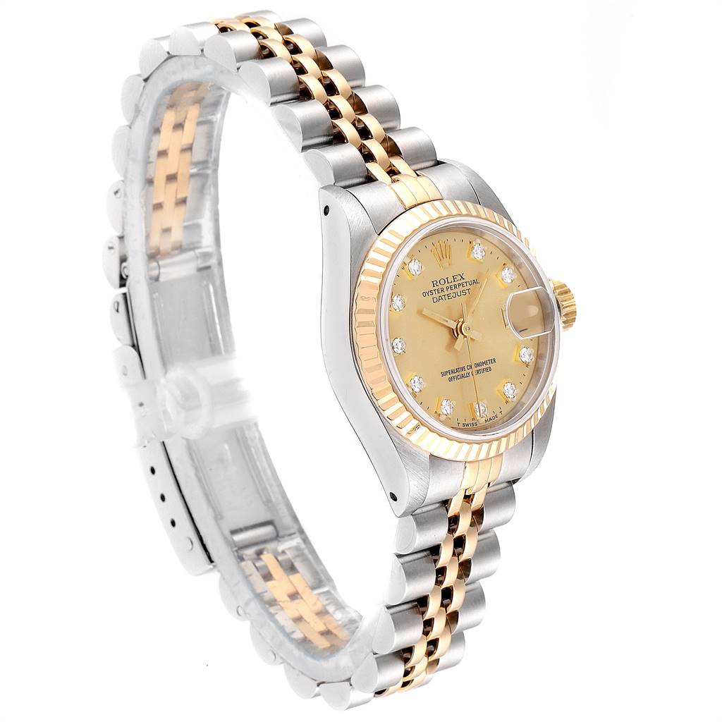 The image shows a side angle of a Rolex Datejust 69173 Women's Stainless Steel Champagne Dial 69173 Women's Stainless Steel Champagne Dial watch, highlighting the bracelet, bezel, case, and dial.