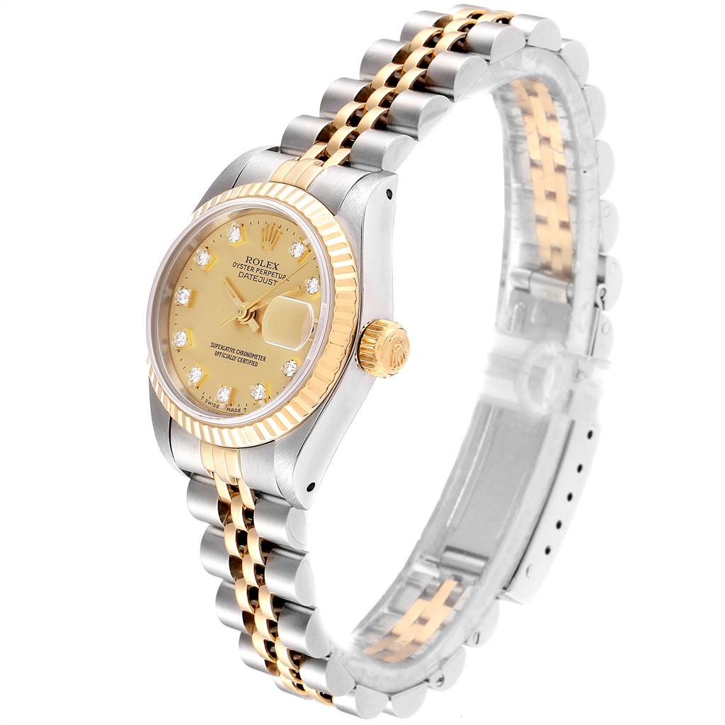 The image shows a side angle of the Rolex Datejust 69173 Women's Stainless Steel Champagne Dial 69173 Women's Stainless Steel Champagne Dial watch, highlighting its two-tone bracelet, gold bezel, and dial with diamond hour markers.