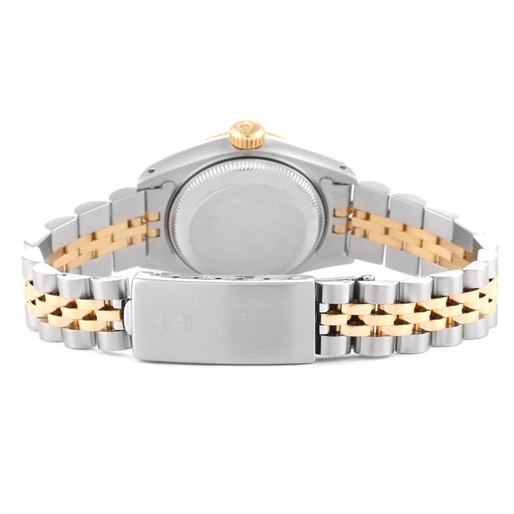 This image shows the back view of a Rolex Datejust 69173 Women's Stainless Steel Champagne Dial 69173 Women's Stainless Steel Champagne Dial watch, focusing on the clasp and bracelet.