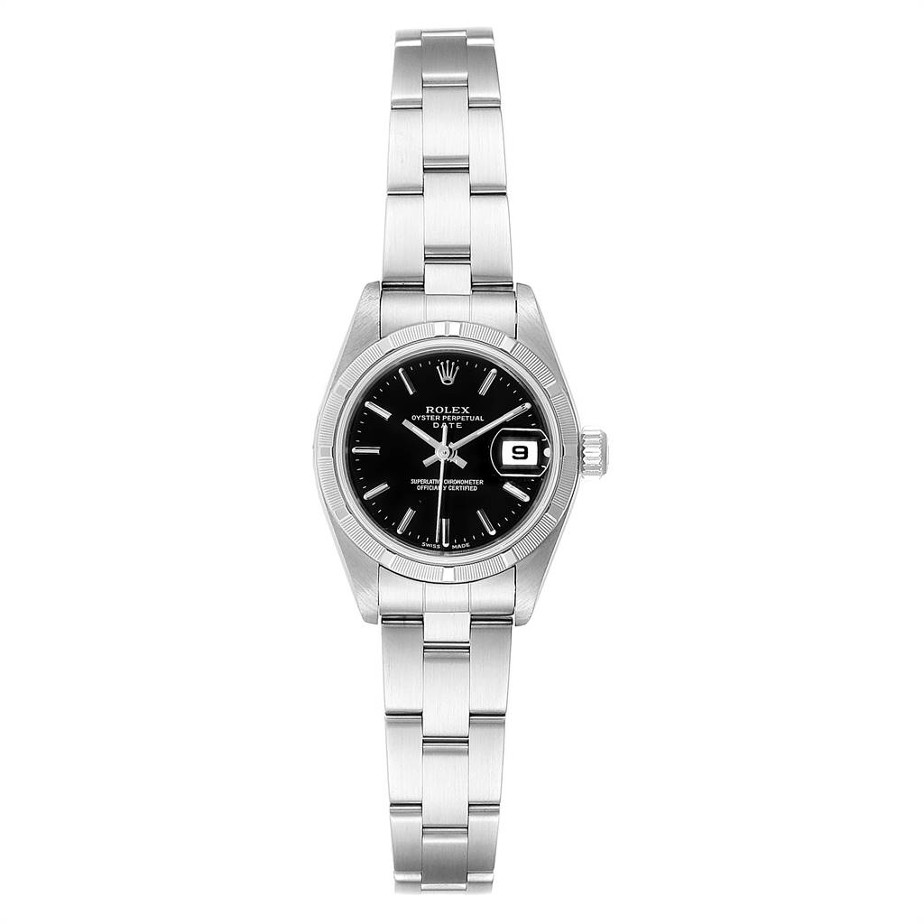 This image shows a full view of a Rolex Datejust 79190 Women's Stainless Steel Black Dial 79190 Women's Stainless Steel Black Dial watch, highlighting its bracelet, black dial, and date window at 3 o'clock.