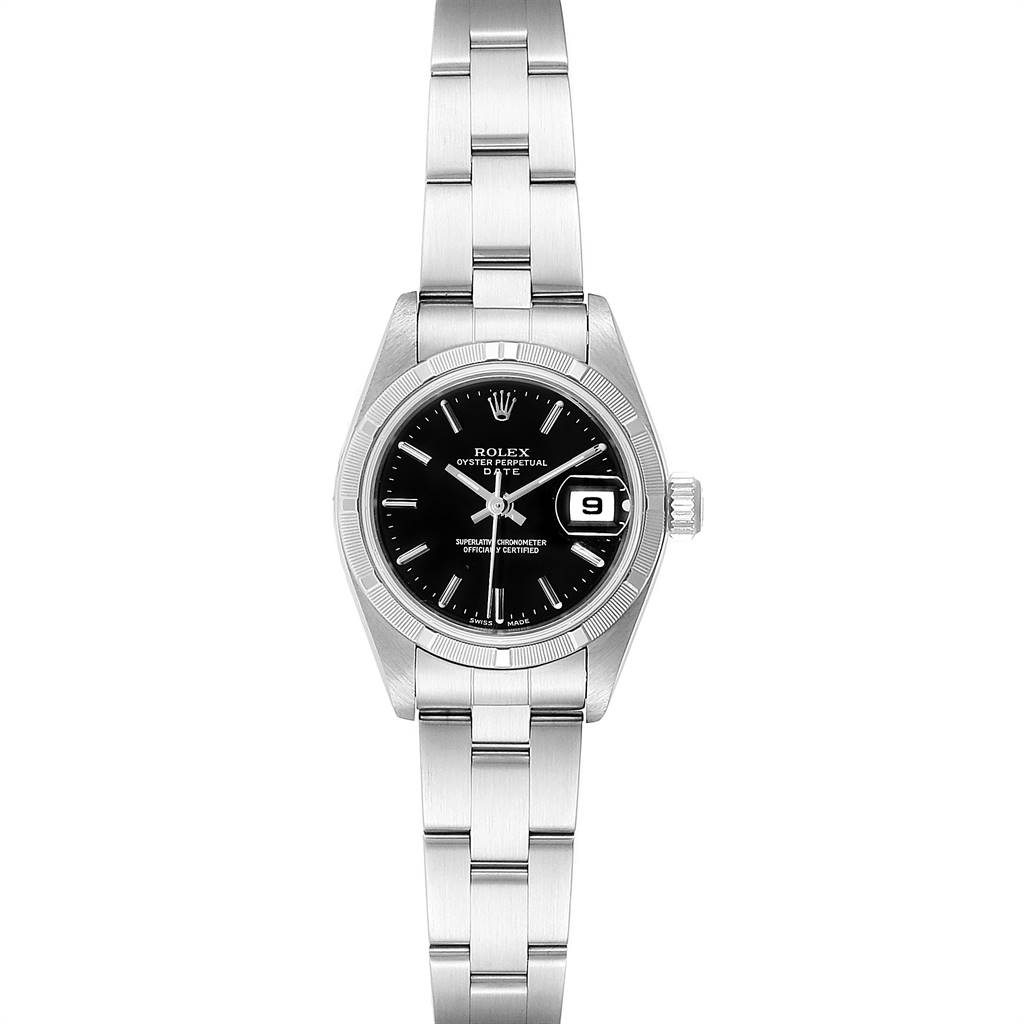 The image shows a Rolex Datejust 79190 Women's Stainless Steel Black Dial 79190 Women's Stainless Steel Black Dial watch from a top-down angle, highlighting its face, bezel, and bracelet.