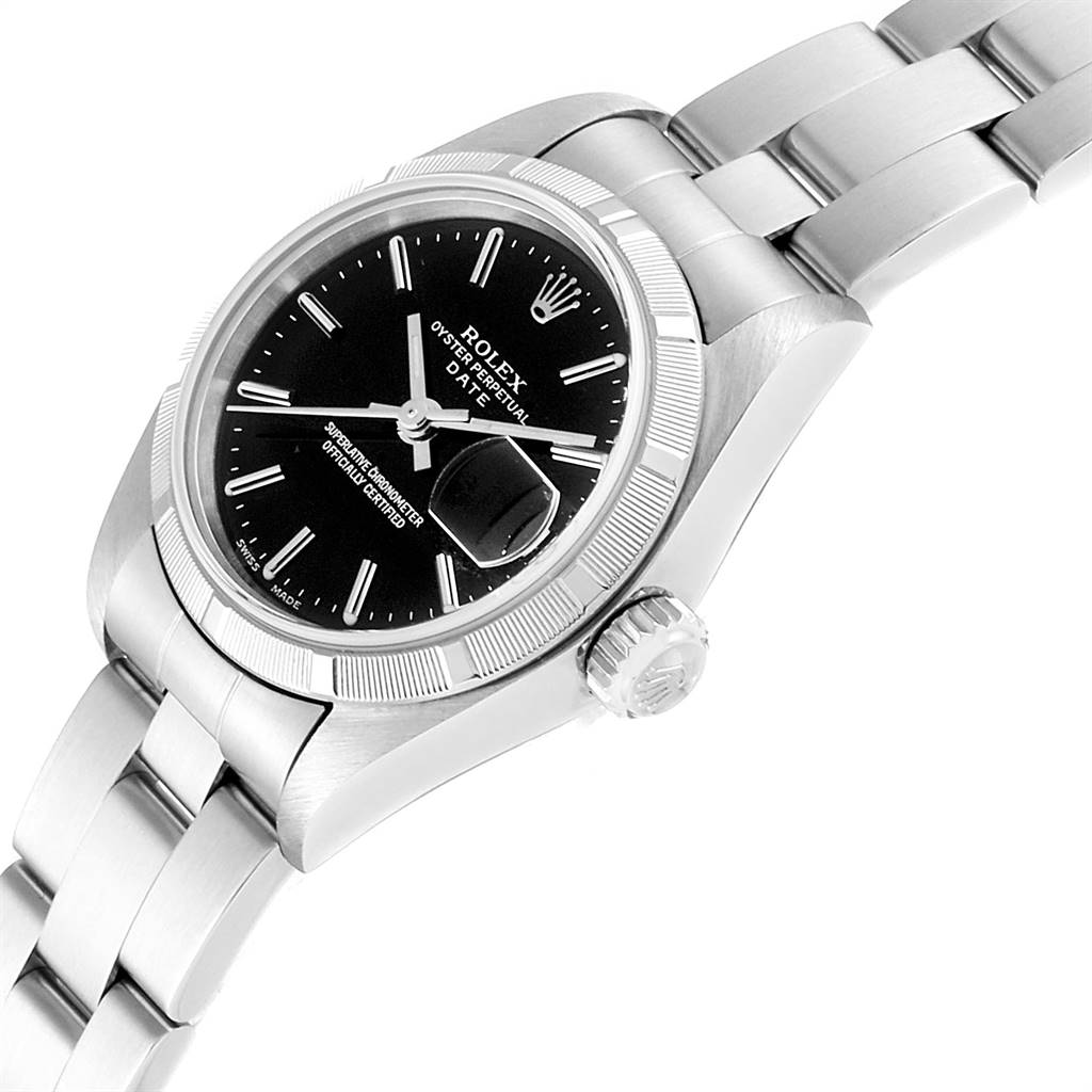 The image shows a Rolex Datejust 79190 Women's Stainless Steel Black Dial 79190 Women's Stainless Steel Black Dial watch angled from the right side, highlighting the dial, crown, bezel, and bracelet.