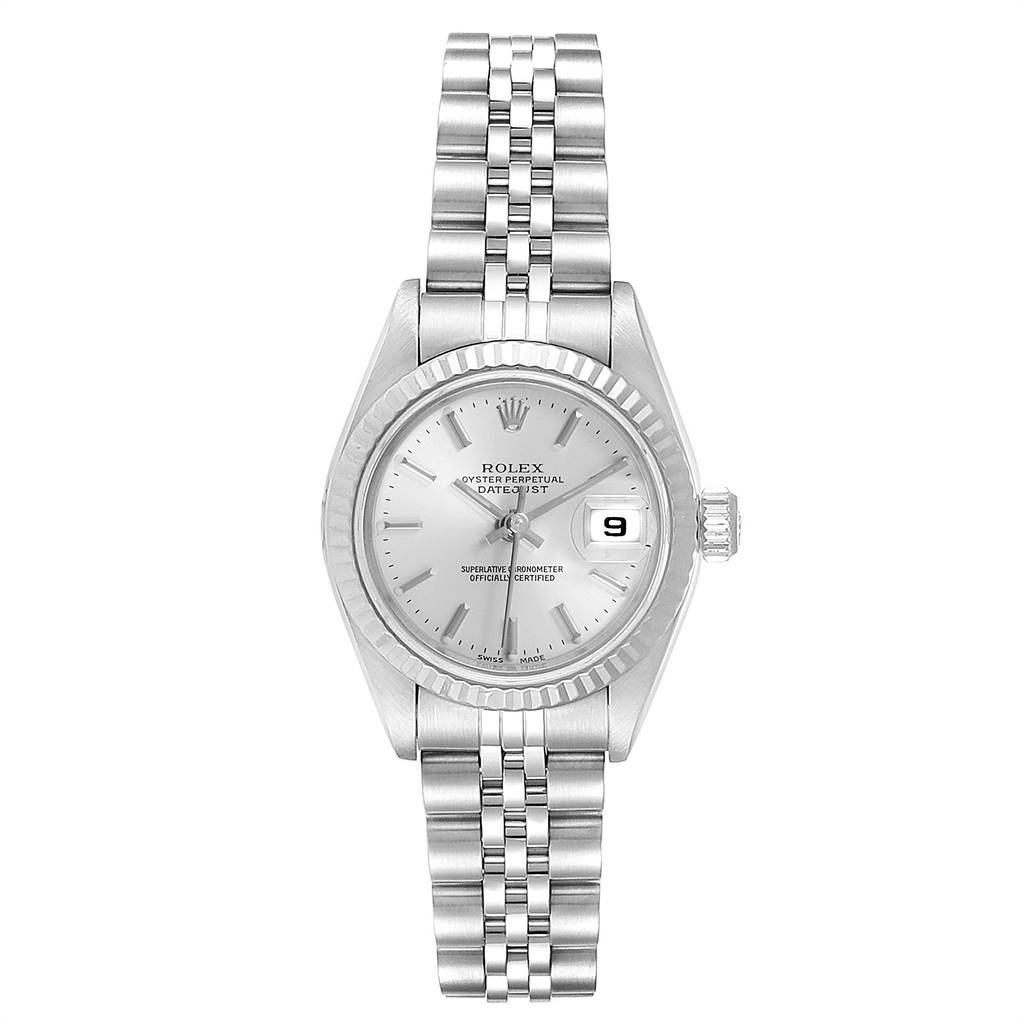 This image shows a front view of the Rolex Datejust 79174 Women's Stainless Steel Silver Dial 79174 Women's Stainless Steel Silver Dial watch, highlighting its silver dial, Jubilee bracelet, and date window.