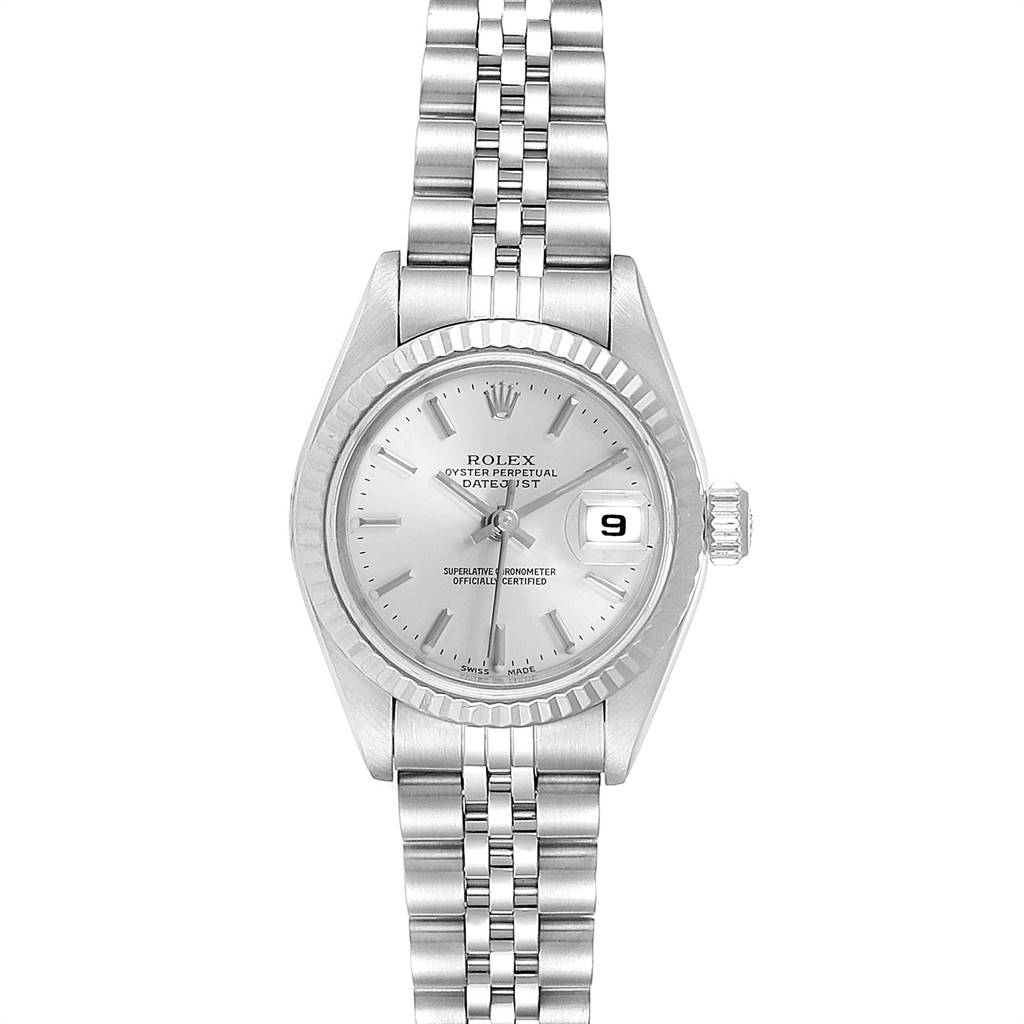 The image shows a frontal view of the Rolex Datejust 79174 Women's Stainless Steel Silver Dial 79174 Women's Stainless Steel Silver Dial watch, displaying its dial, bezel, bracelet, and date window.