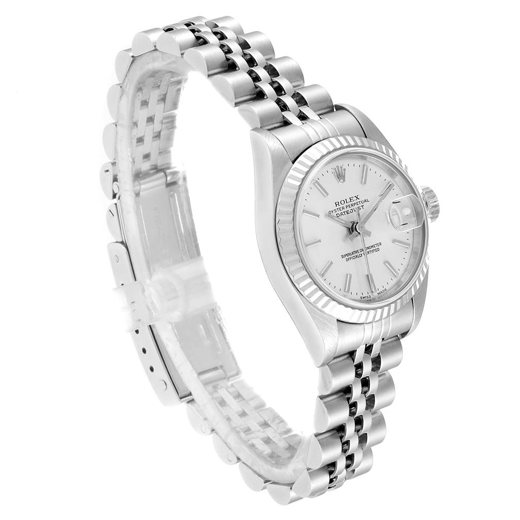 Side angle of the Rolex Datejust 79174 Women's Stainless Steel Silver Dial 79174 Women's Stainless Steel Silver Dial watch, displaying the silver bracelet, fluted bezel, and white dial.