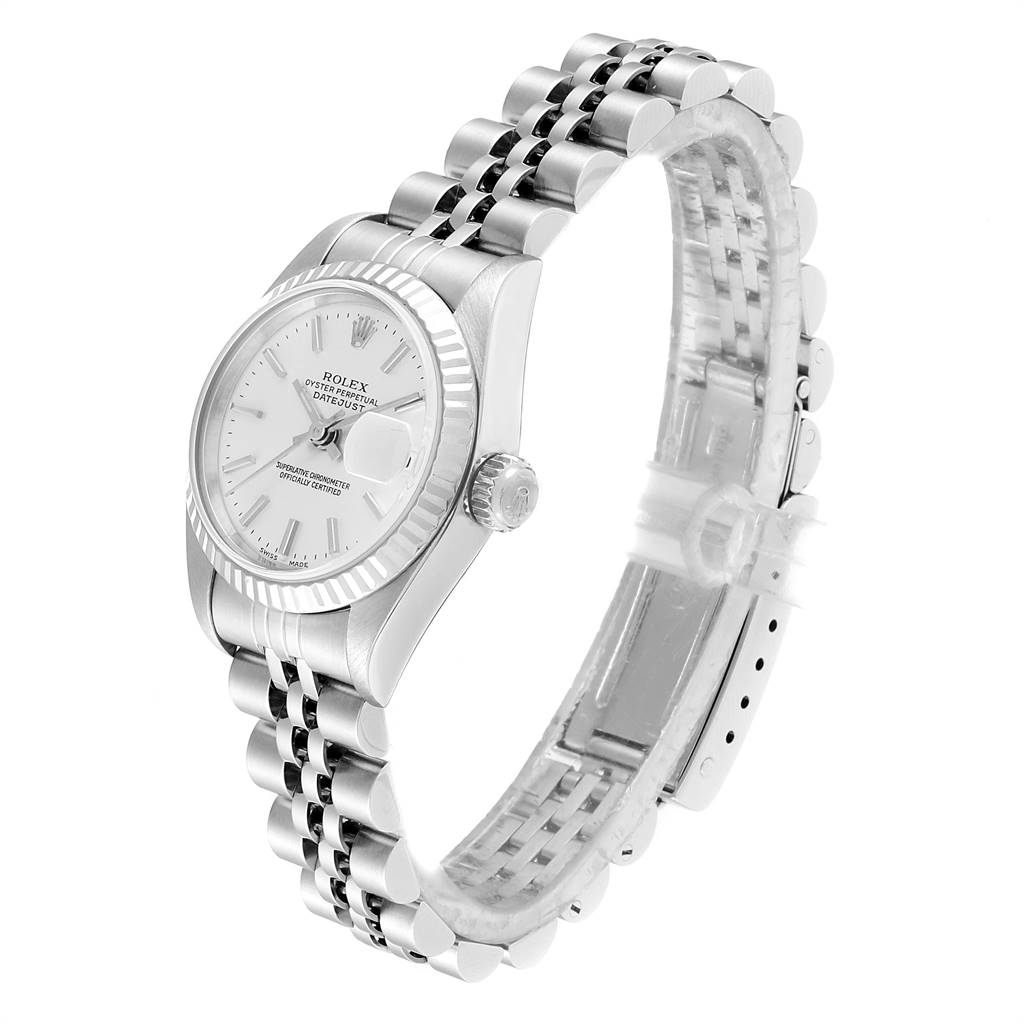 This image shows a three-quarter side view of a Rolex Datejust 79174 Women's Stainless Steel Silver Dial 79174 Women's Stainless Steel Silver Dial watch, highlighting the face, bezel, and bracelet.