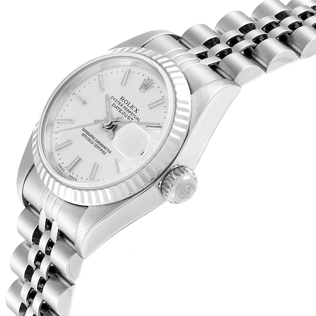 This image shows a side view of the Rolex Datejust 79174 Women's Stainless Steel Silver Dial 79174 Women's Stainless Steel Silver Dial watch, highlighting the crown, dial, and part of the bracelet.