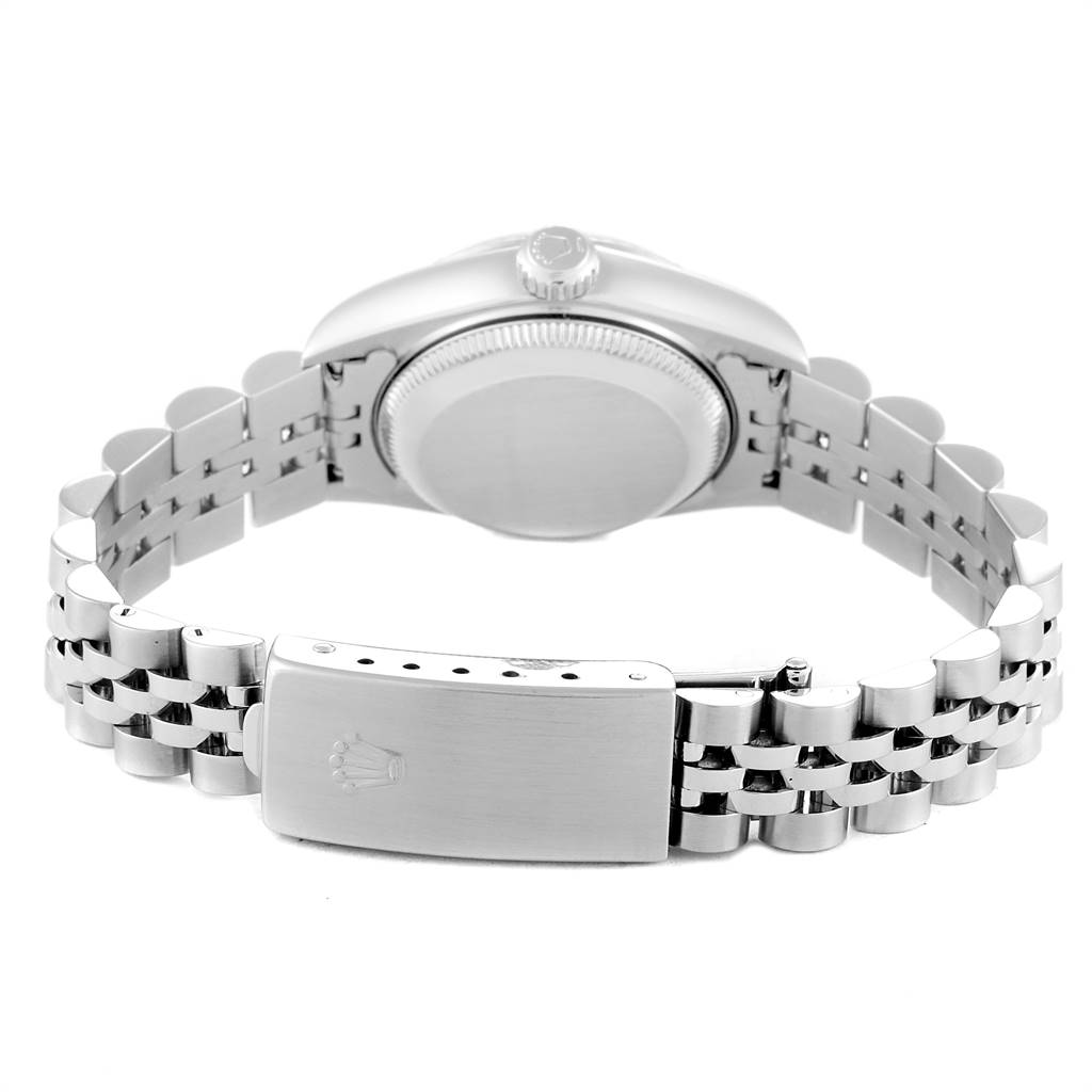 This image shows the back case and bracelet clasp of the Rolex Datejust 79174 Women's Stainless Steel Silver Dial 79174 Women's Stainless Steel Silver Dial model watch, viewed from the rear.