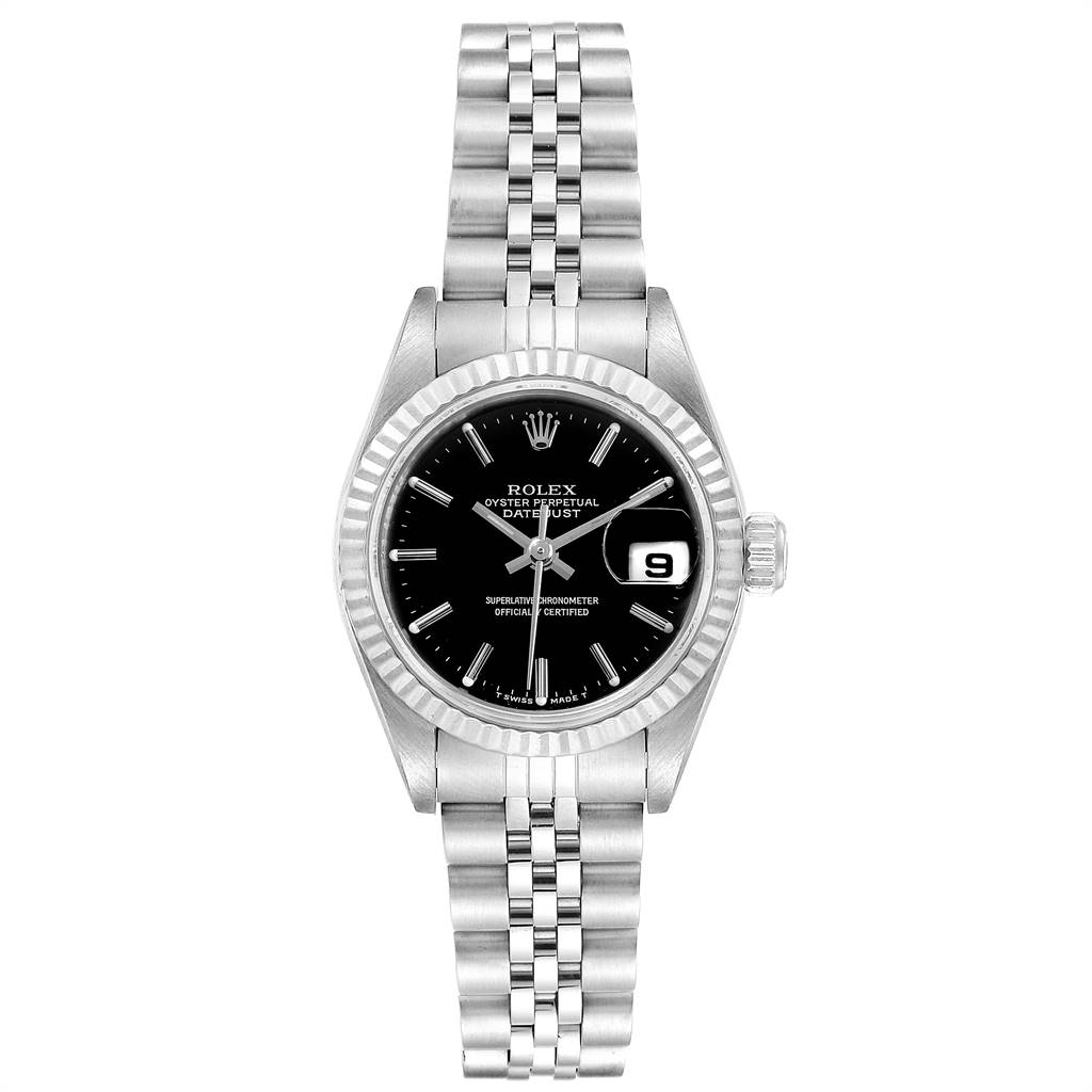 The image shows a Rolex Datejust 79174 Women's Stainless Steel Black Dial 79174 Women's Stainless Steel Black Dial watch, featuring a black dial, fluted bezel, and Jubilee bracelet, captured from a front perspective.