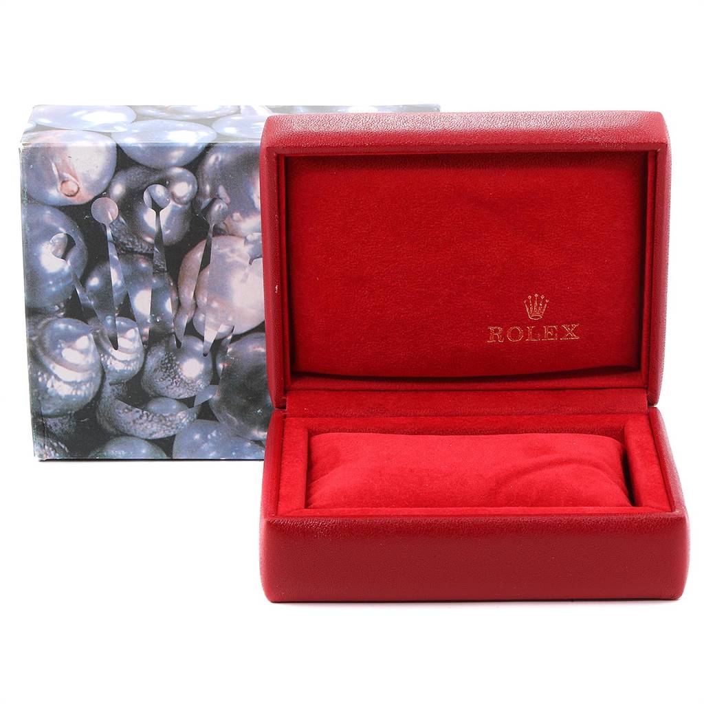 The image shows a Rolex Datejust 69173 Women's Stainless Steel White Dial 69173 Women's Stainless Steel White Dial watch box and cushion from a front angle.