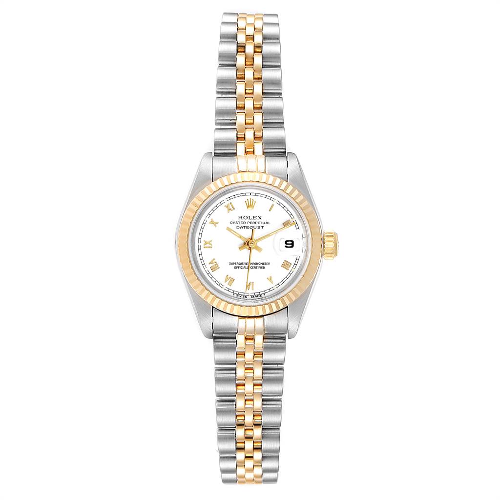 The image shows a front view of a Rolex Datejust 69173 Women's Stainless Steel White Dial 69173 Women's Stainless Steel White Dial watch, featuring its bicolor bracelet, dial, and fluted bezel.