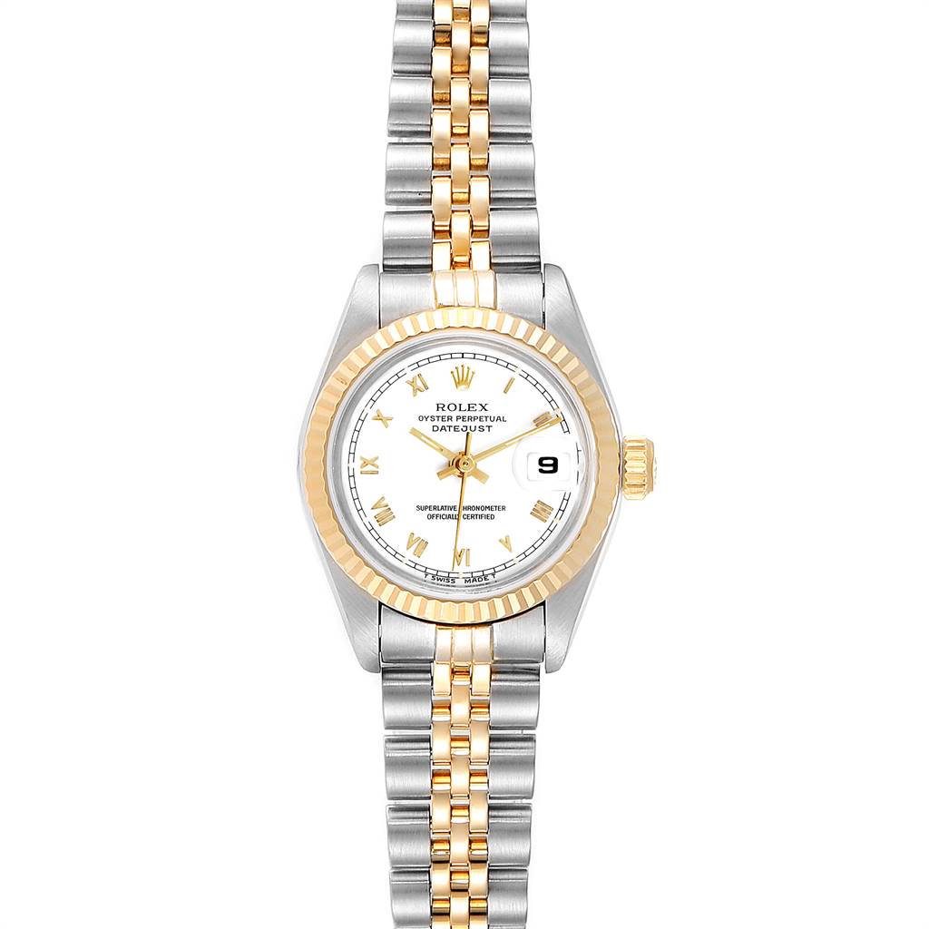 The image shows a frontal view of a Rolex Datejust 69173 Women's Stainless Steel White Dial 69173 Women's Stainless Steel White Dial watch, highlighting its dial, bezel, crown, and two-tone bracelet.
