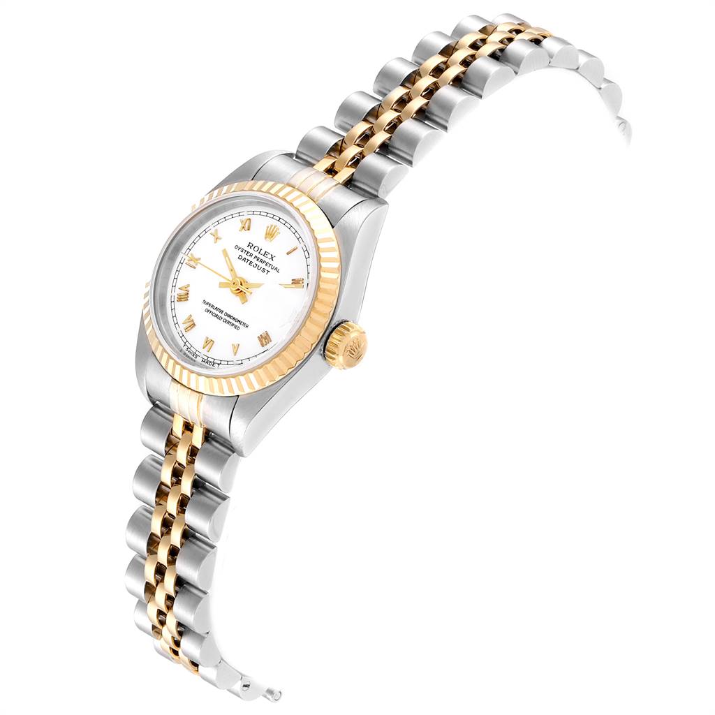 The image shows a Rolex Datejust 69173 Women's Stainless Steel White Dial 69173 Women's Stainless Steel White Dial watch from a side angle, highlighting the dial, bezel, crown, and bracelet.