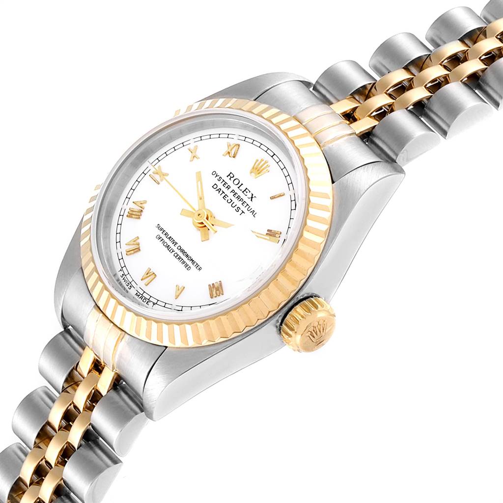 This image shows a Rolex Datejust 69173 Women's Stainless Steel White Dial 69173 Women's Stainless Steel White Dial watch from an oblique angle, highlighting the dial, bezel, crown, and part of the bracelet.