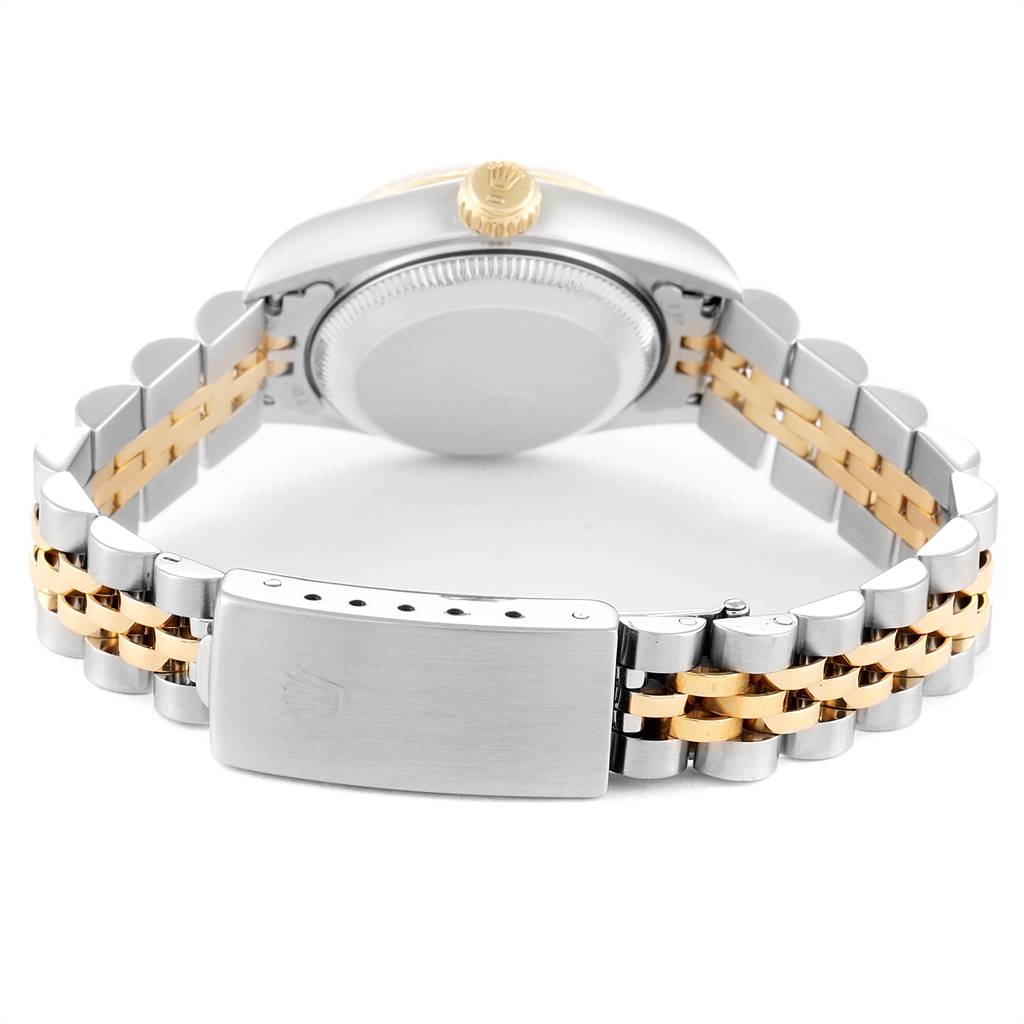 The image shows the back view of a Rolex Datejust 69173 Women's Stainless Steel White Dial 69173 Women's Stainless Steel White Dial watch, focusing on the case back and the two-tone bracelet with a clasp.