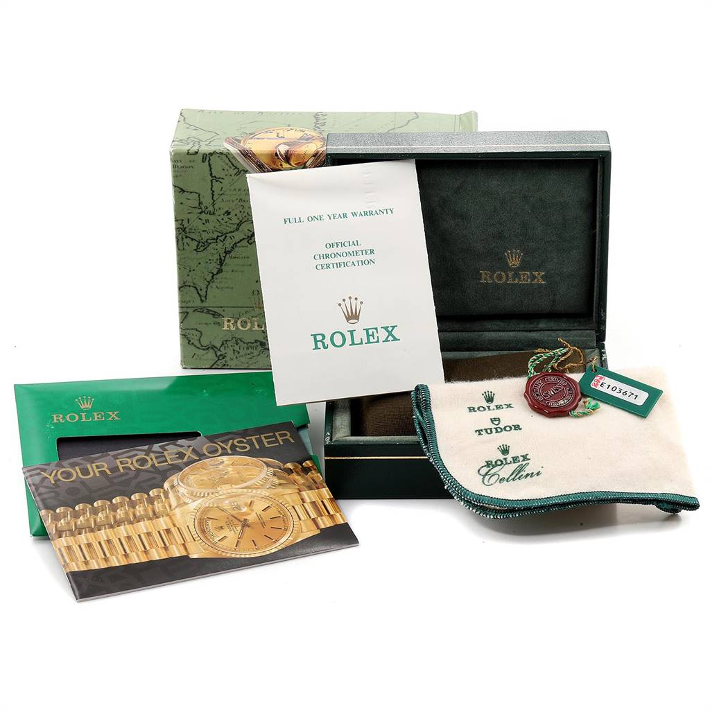 The image shows Rolex Datejust 79173 Women's Stainless Steel Black Dial 79173 Women's Stainless Steel Black Dial accessories, including packaging, warranty, booklet, pouch, and tags, viewed from the front angle.
