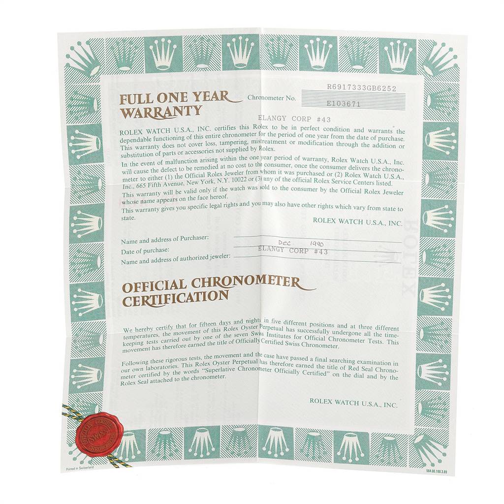 This image shows a Rolex warranty and certification document related to the Datejust model.