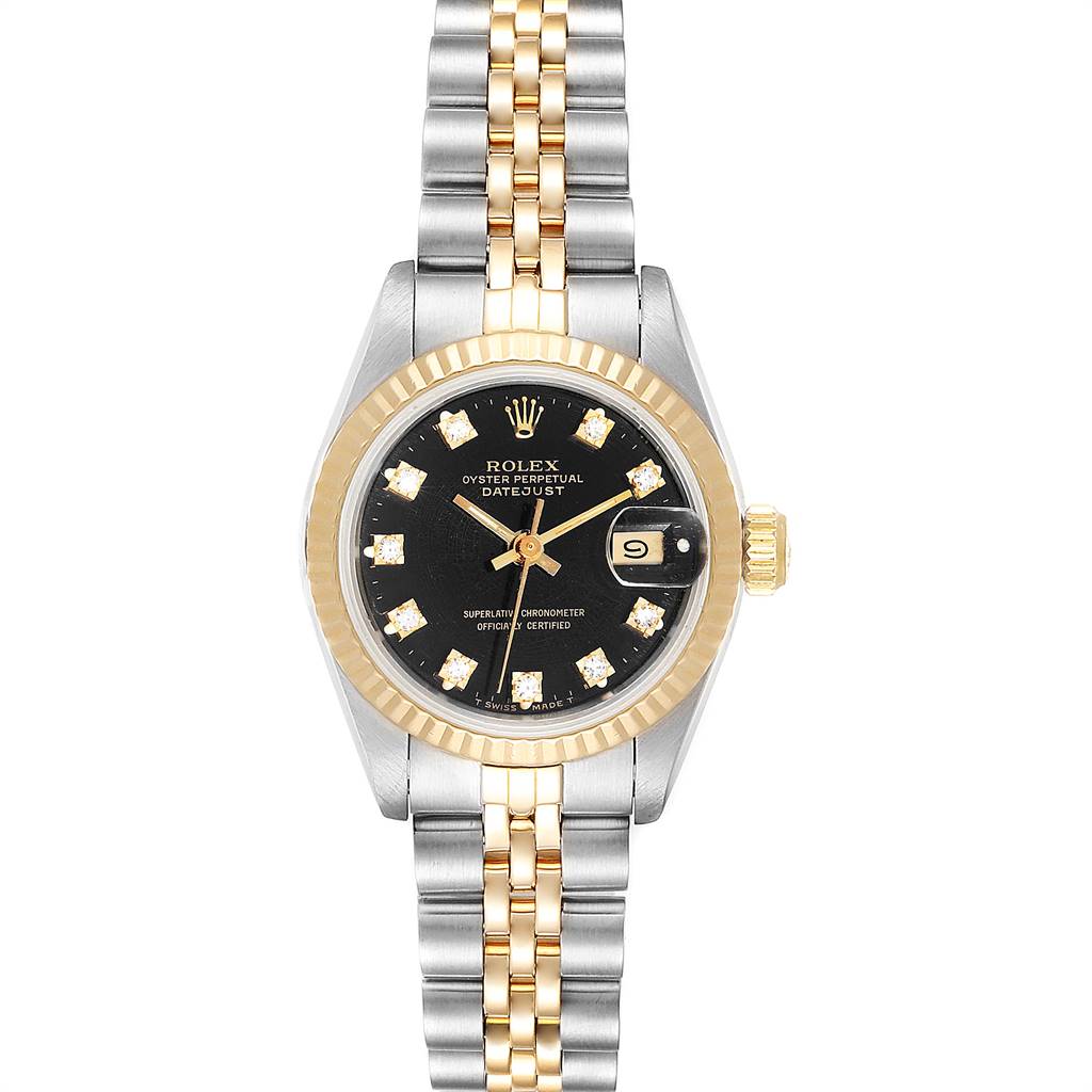 This image shows a front view of the Rolex Datejust 79173 Women's Stainless Steel Black Dial 79173 Women's Stainless Steel Black Dial watch, including the dial, bezel, bracelet, and date window.