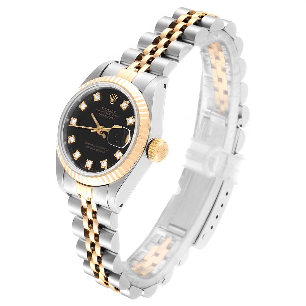 This Rolex Datejust 79173 Women's Stainless Steel Black Dial 79173 Women's Stainless Steel Black Dial watch is shown at a three-quarter angle, showcasing the dial, bezel, crown, and bracelet.