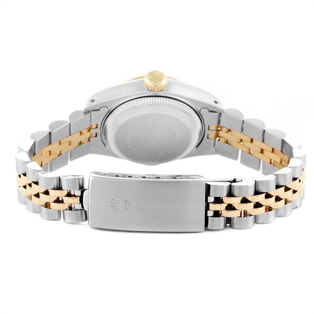 The image shows the back case and bracelet of a Rolex Datejust 79173 Women's Stainless Steel Black Dial 79173 Women's Stainless Steel Black Dial watch, with a focus on the clasp and crown.