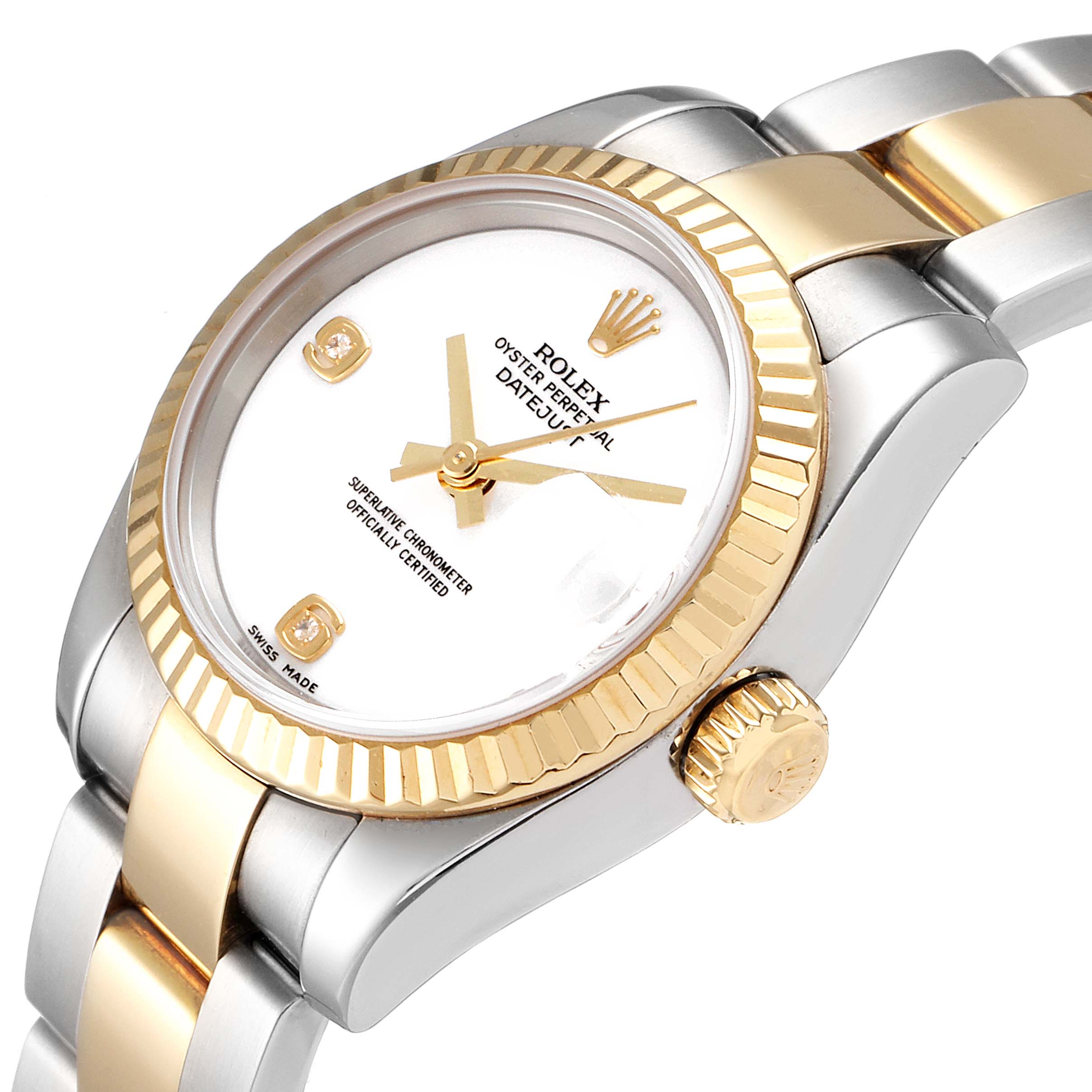 This image shows a close-up angled view of the Rolex Datejust 179173 Women's Steel and Gold (two tone) White Dial 179173 Women's Steel and Gold (two tone) White Dial watch, highlighting the bezel, dial, crown, and part of the bracelet.