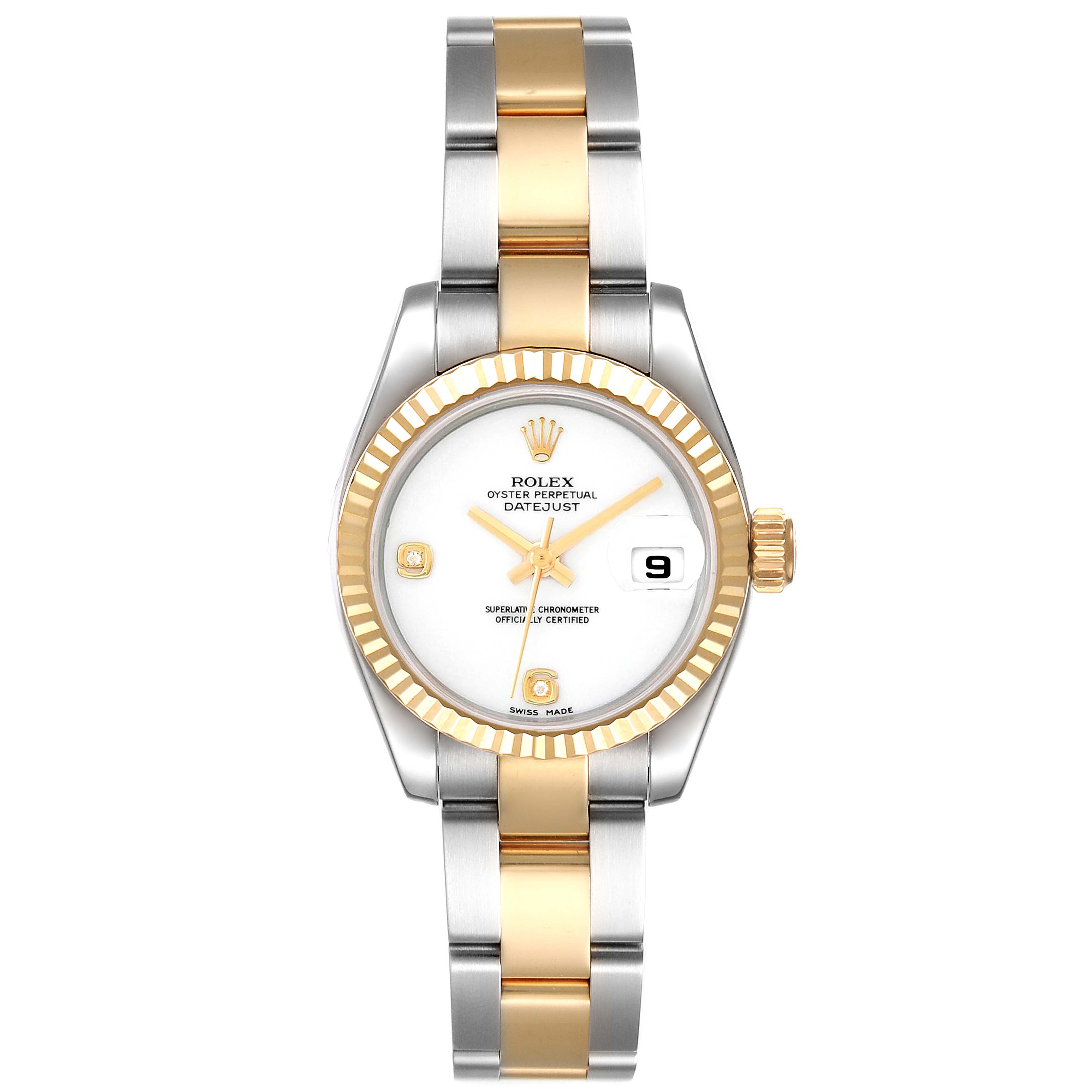 The image shows a front view of a Rolex Datejust 179173 Women's Steel and Gold (two tone) White Dial 179173 Women's Steel and Gold (two tone) White Dial watch, highlighting the face, bezel, and bracelet.