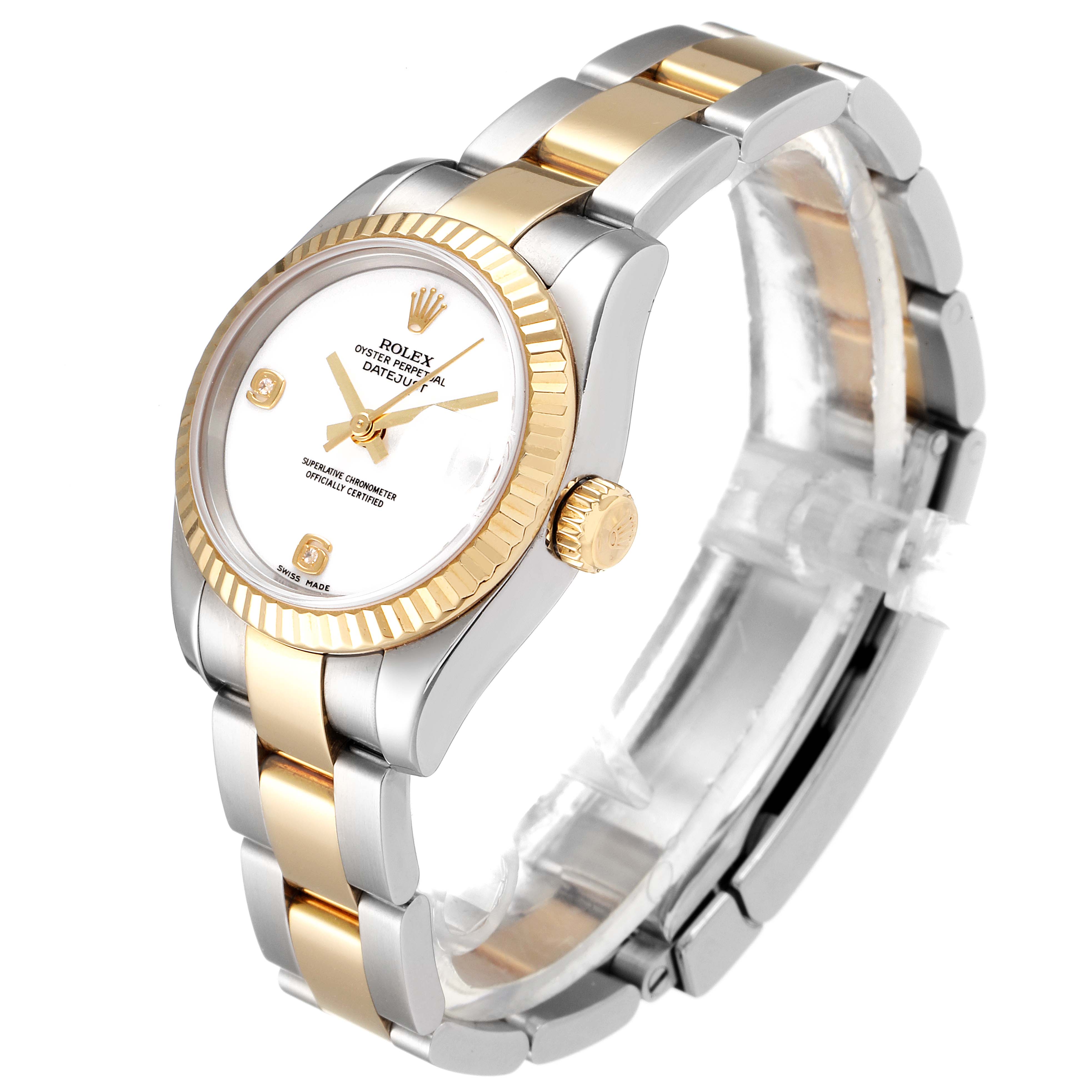 The Rolex Datejust 179173 Women's Steel and Gold (two tone) White Dial 179173 Women's Steel and Gold (two tone) White Dial watch is shown at an angle, showcasing the bezel, face, and two-tone bracelet.