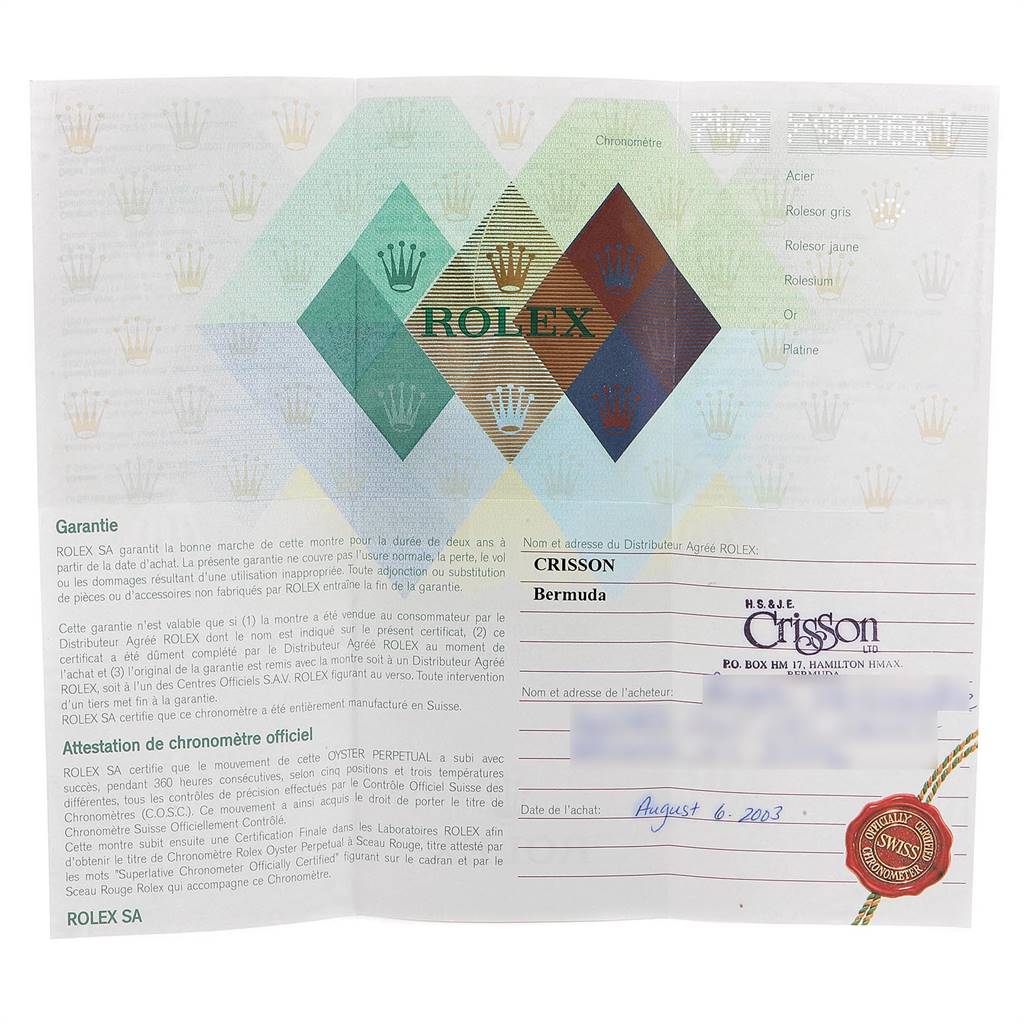 This image shows the warranty certificate for a Rolex Datejust 79174 Women
s Stainless Steel Silver Dial 79174 Women
s Stainless Steel Silver Dial model, including the purchase date and dealer information. 