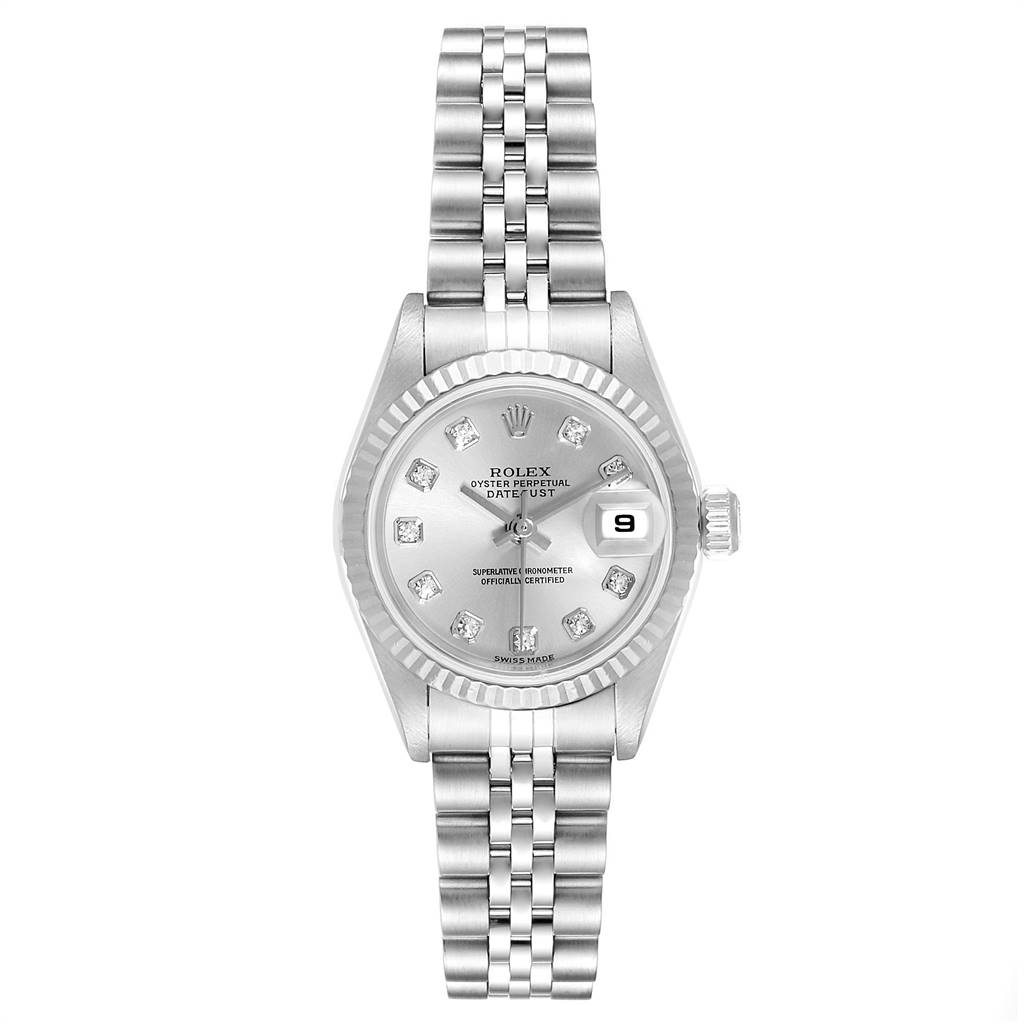 The Rolex Datejust 79174 Women
s Stainless Steel Silver Dial 79174 Women
s Stainless Steel Silver Dial watch is shown from a front angle, displaying the face, bezel, and bracelet.