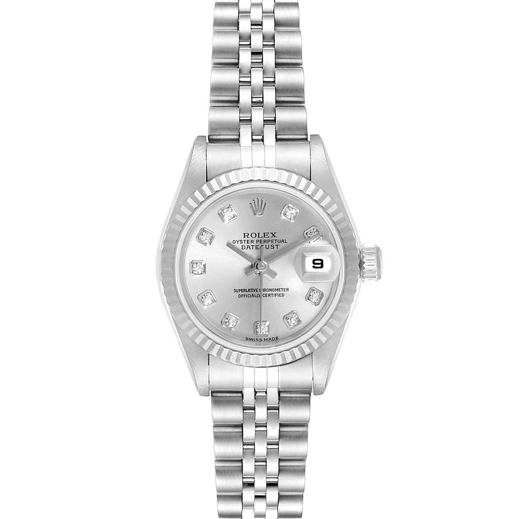The image shows a front view of the Rolex Datejust 79174 Women
s Stainless Steel Silver Dial 79174 Women
s Stainless Steel Silver Dial, displaying the dial, bezel, bracelet, and date window.