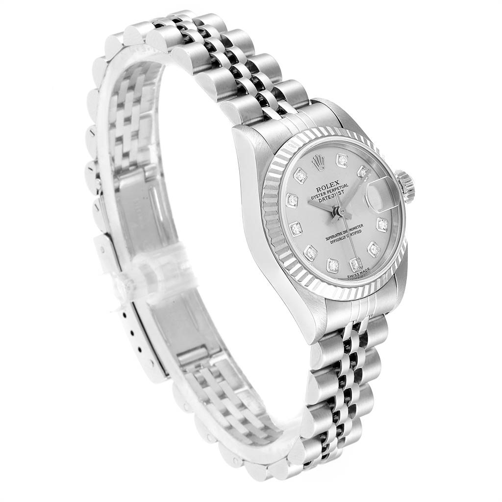 The image shows a silver Rolex Datejust 79174 Women
s Stainless Steel Silver Dial 79174 Women
s Stainless Steel Silver Dial watch at an angled front view, highlighting the dial, bezel, and bracelet.
