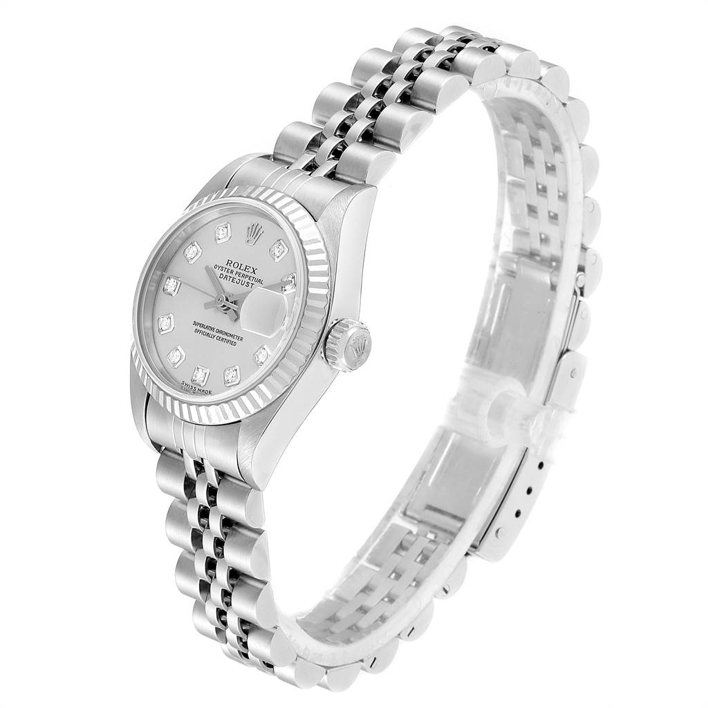 This image shows a Rolex Datejust 79174 Women
s Stainless Steel Silver Dial 79174 Women
s Stainless Steel Silver Dial watch at a three-quarter angle, displaying the face, bezel, crown, and bracelet.