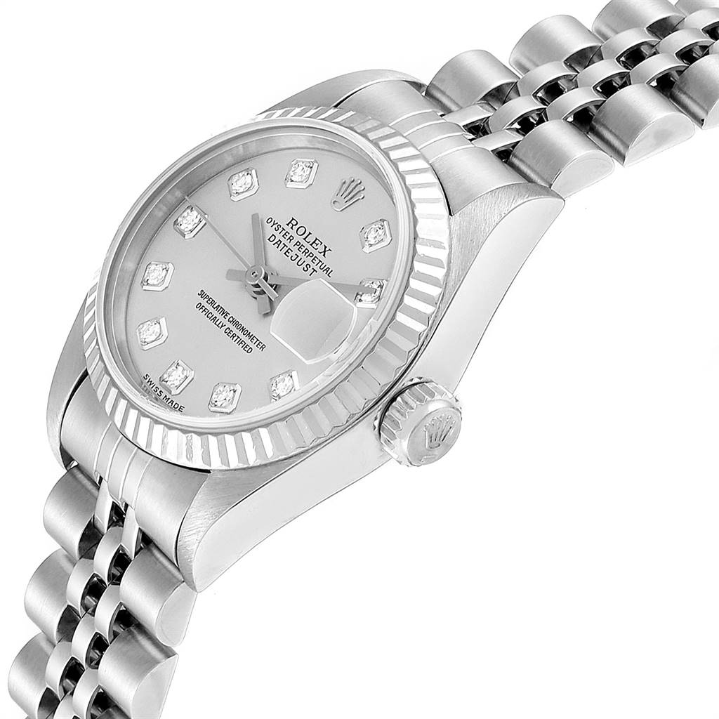 An angled view of the Rolex Datejust 79174 Women
s Stainless Steel Silver Dial 79174 Women
s Stainless Steel Silver Dial watch showing the dial, bezel, crown, and part of the bracelet.