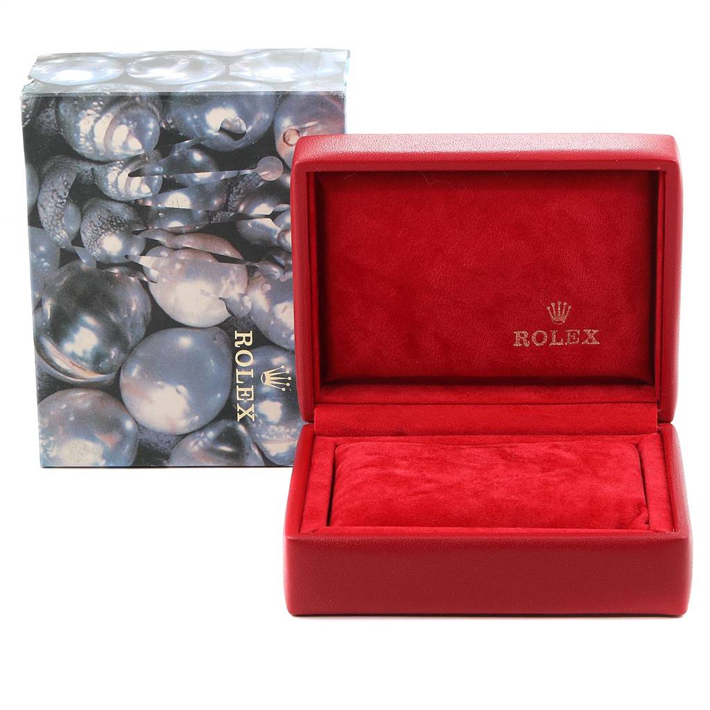 The image shows a Rolex Datejust 79174 Women's Stainless Steel Pink Dial 79174 Women's Stainless Steel Pink Dial watch box set with a red inner box and an outer box with a pearl design.