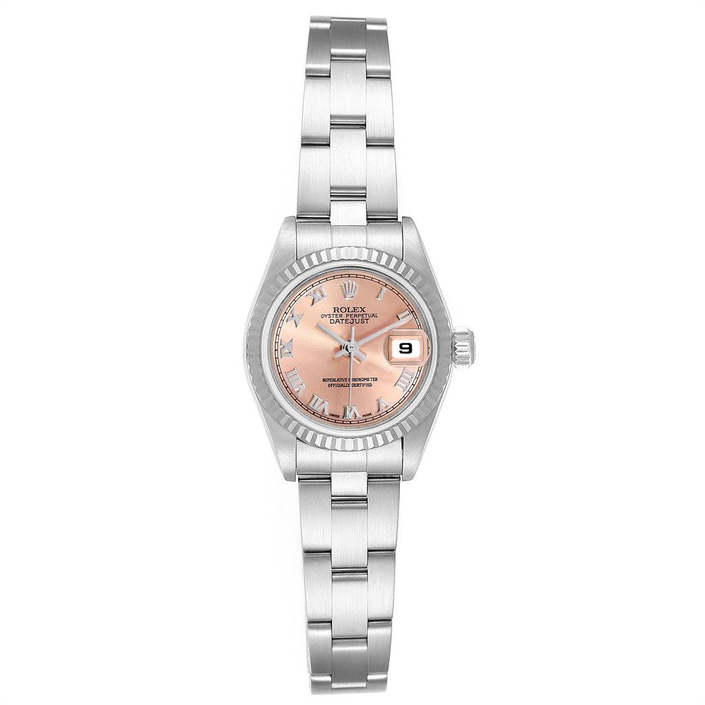 The image shows a front view of a Rolex Datejust 79174 Women's Stainless Steel Pink Dial 79174 Women's Stainless Steel Pink Dial watch, displaying the dial, bezel, case, crown, and bracelet.