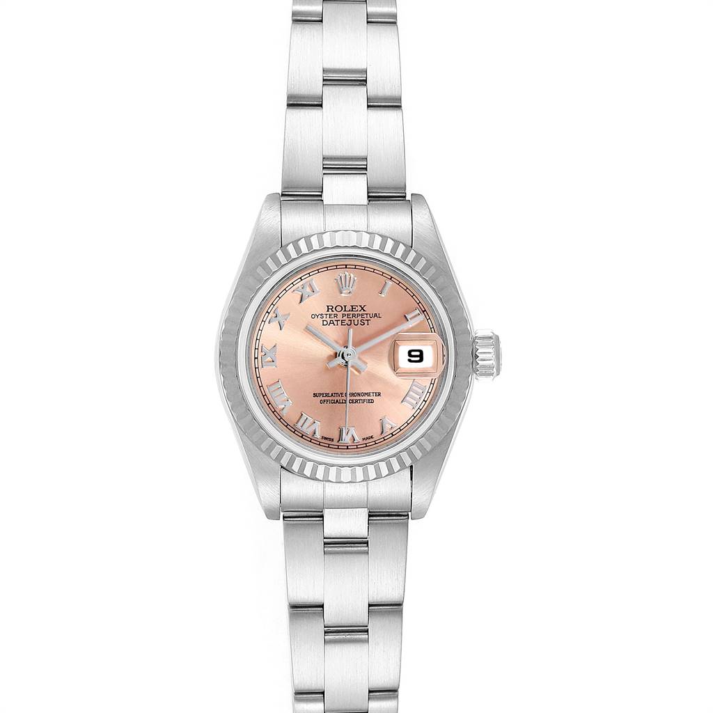 The image shows a Rolex Datejust 79174 Women's Stainless Steel Pink Dial 79174 Women's Stainless Steel Pink Dial watch from a top view, displaying its face, bezel, and part of the metal bracelet.