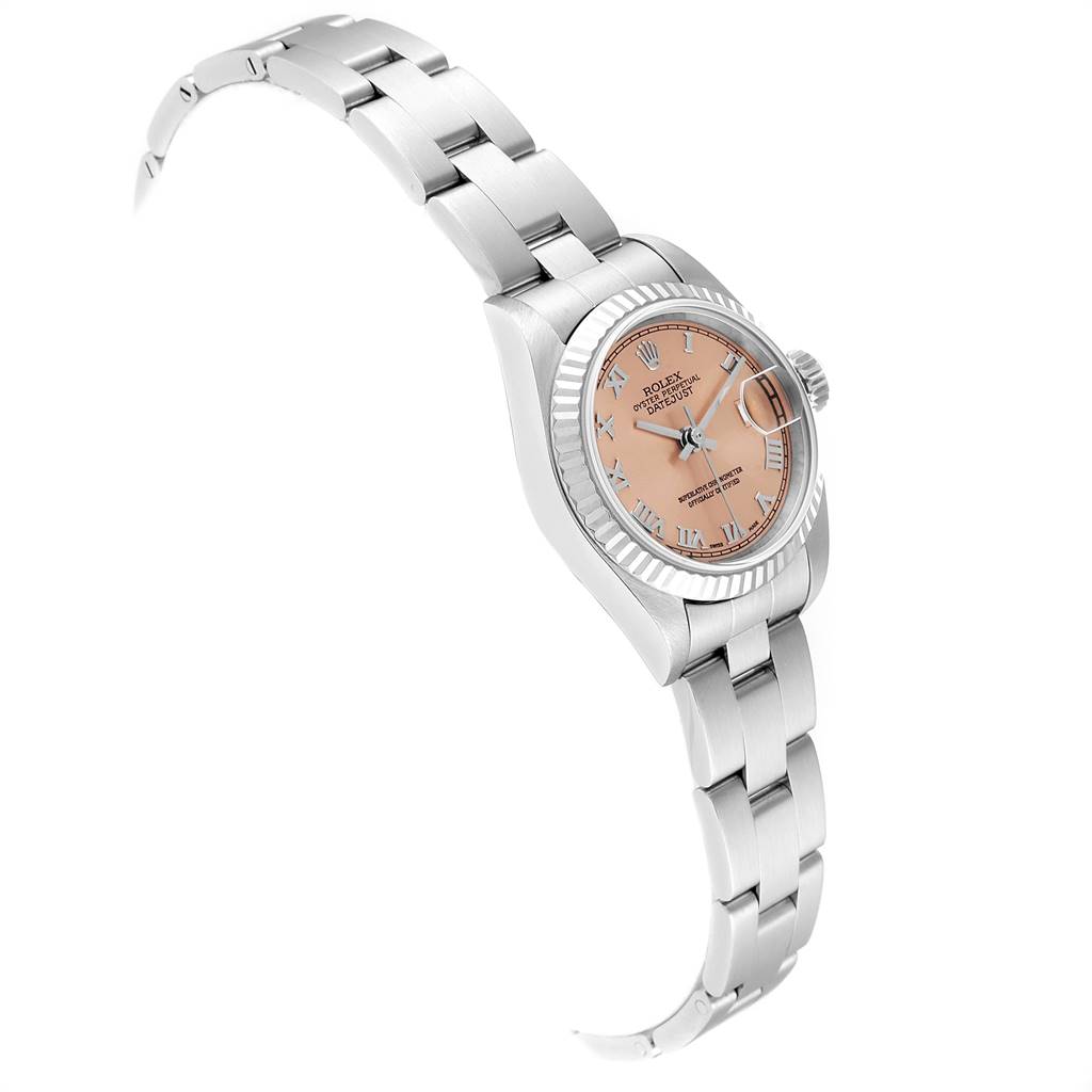 This Rolex Datejust 79174 Women's Stainless Steel Pink Dial 79174 Women's Stainless Steel Pink Dial watch is shown from a right-side angle featuring the bracelet, case, and dial with a date window.