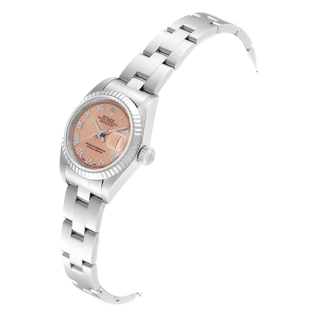 This image shows a Rolex Datejust 79174 Women's Stainless Steel Pink Dial 79174 Women's Stainless Steel Pink Dial watch at a slight angle, highlighting the dial, bezel, crown, and bracelet.