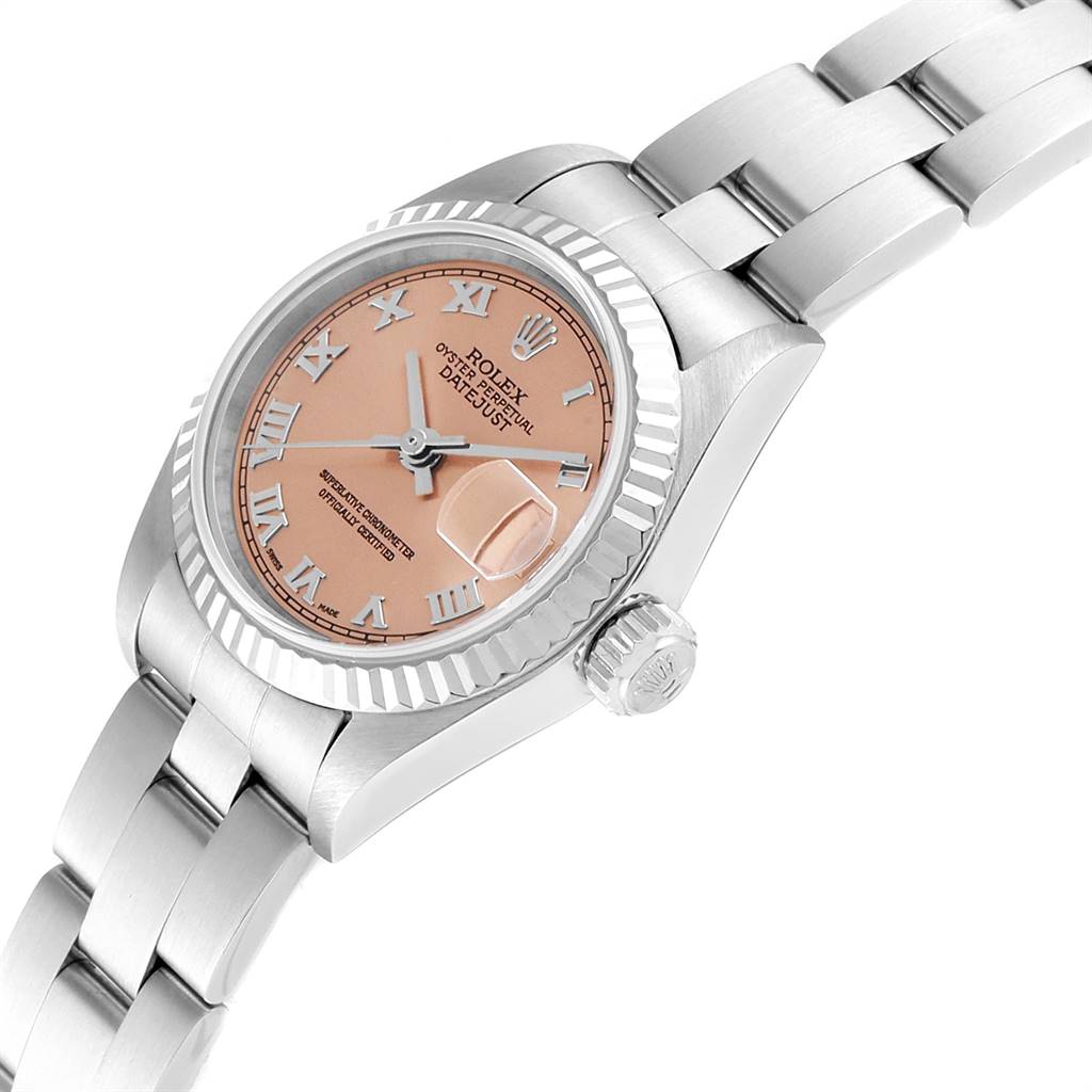 This image shows a Rolex Datejust 79174 Women's Stainless Steel Pink Dial 79174 Women's Stainless Steel Pink Dial watch at an angled view, displaying the dial, bezel, crown, and part of the bracelet.