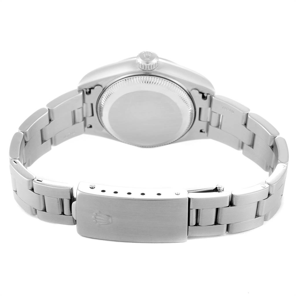 This image shows the back of a Rolex Datejust 79174 Women's Stainless Steel Pink Dial 79174 Women's Stainless Steel Pink Dial watch, highlighting the clasp, bracelet, and case back.