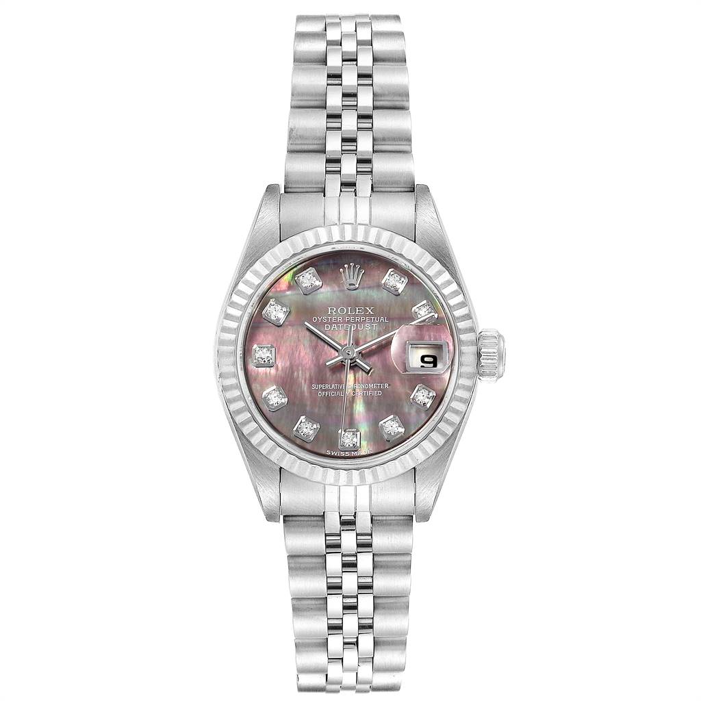 This image shows a Rolex Datejust 79174 Women
s Stainless Steel Mother of Pearl Dial 79174 Women
s Stainless Steel Mother of Pearl Dial watch from a front angle, displaying the dial, bezel, case, and bracelet.