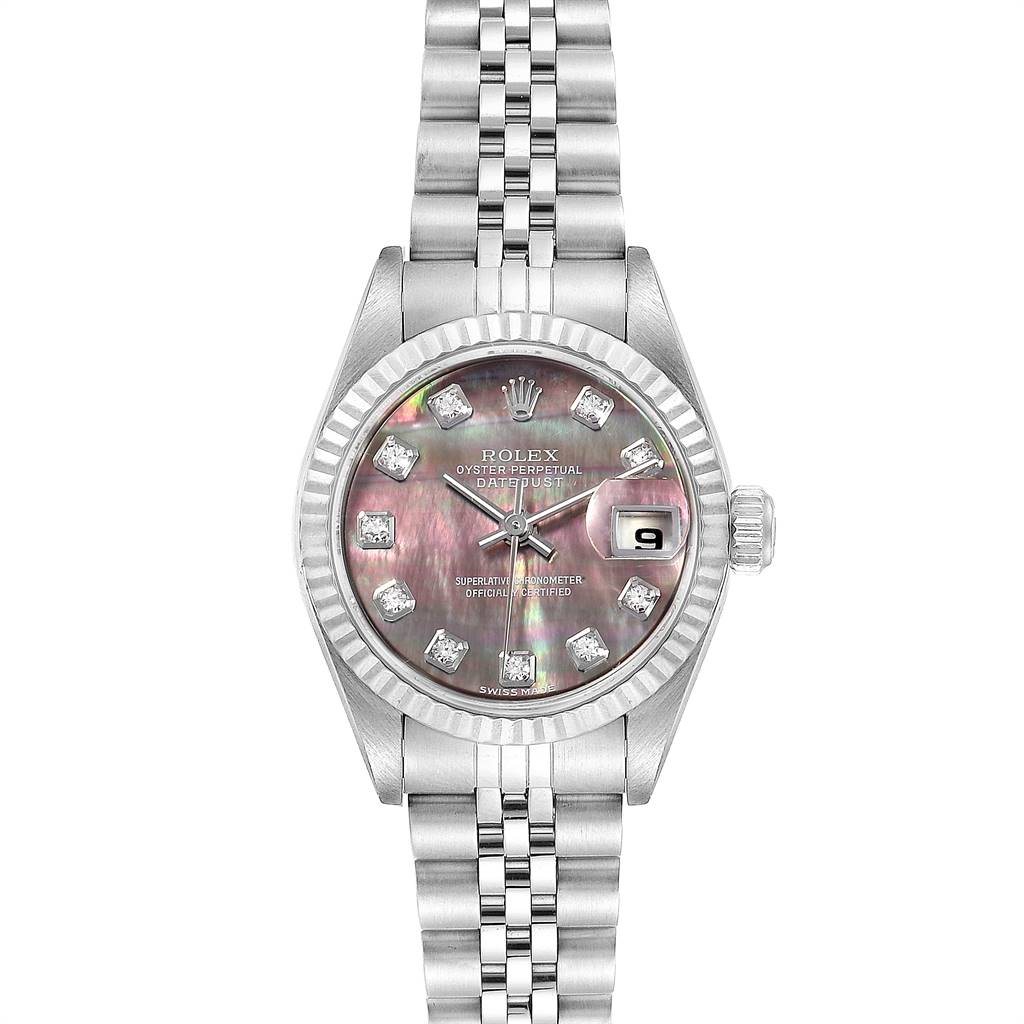 This Rolex Datejust 79174 Women
s Stainless Steel Mother of Pearl Dial 79174 Women
s Stainless Steel Mother of Pearl Dial watch is shown from a front angle, highlighting the dial, bezel, bracelet, and date window.