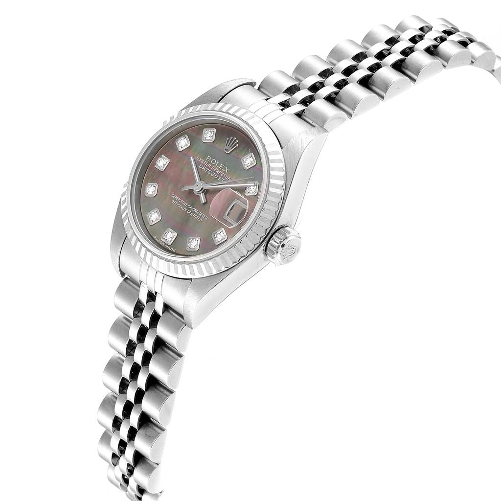 The image shows a side view of a Rolex Datejust 79174 Women
s Stainless Steel Mother of Pearl Dial 79174 Women
s Stainless Steel Mother of Pearl Dial watch, including the dial, bezel, crown, and part of the bracelet.
