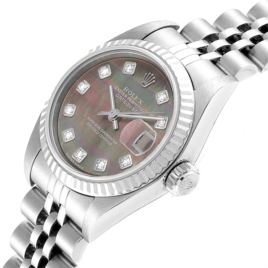 The image shows a close-up view of a Rolex Datejust 79174 Women
s Stainless Steel Mother of Pearl Dial 79174 Women
s Stainless Steel Mother of Pearl Dial watch displaying the dial, bezel, crown, and part of the bracelet.